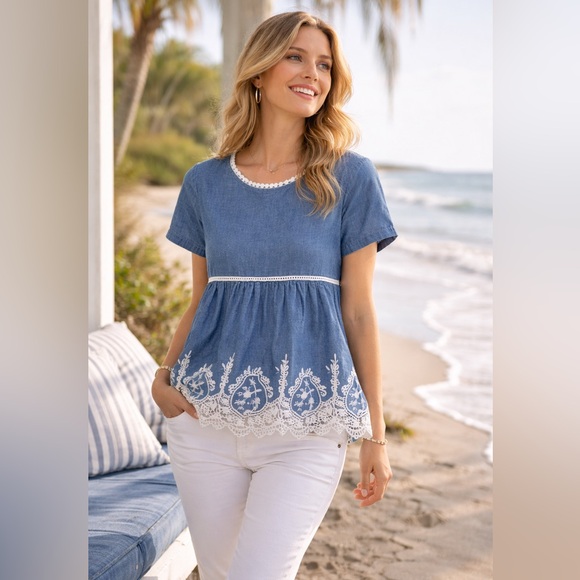 Sweet Salt Tops - Sweet Salt Chambray Lace Embroidered Cottagecore Top Modest Prairie Blue Size M